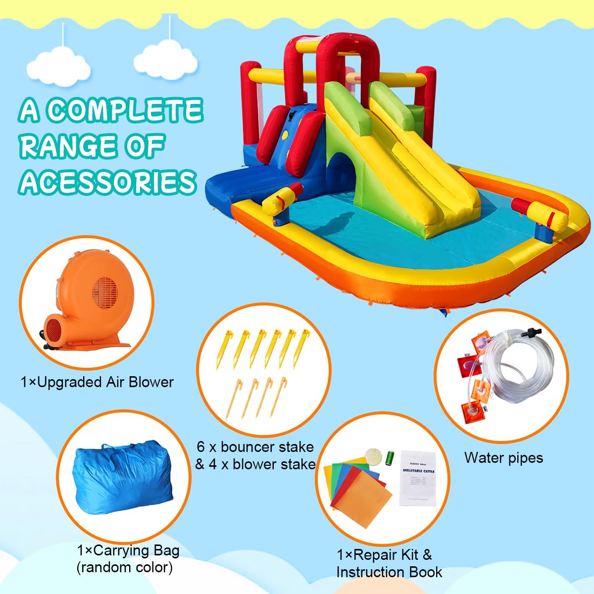Hongcoral Bounce House Inflatable Water Slide for Kids, Water Park With Splash Pool, Double Cannon, 2 Climbing Walls, Obstacles, Blow Up Jumping Castle With Blower Hongcoral