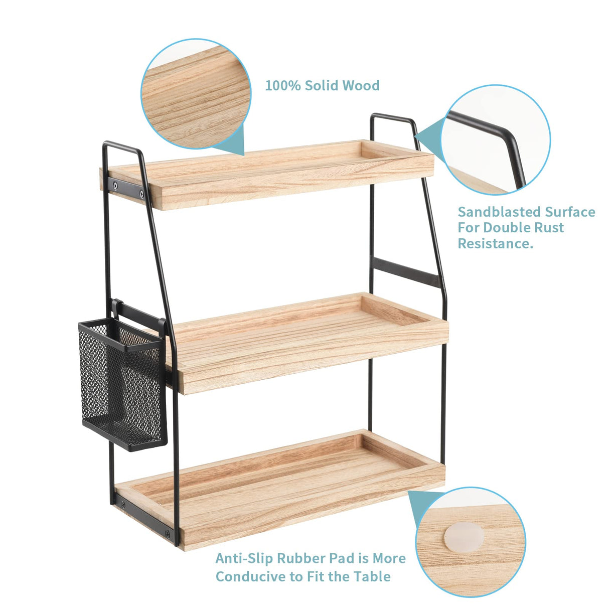 Bathroom Counter Organizer, 3-Tier Standing Storage Shelf with Basket, Wood Tray for Skincare Vanity Organizer Uneviesyka
