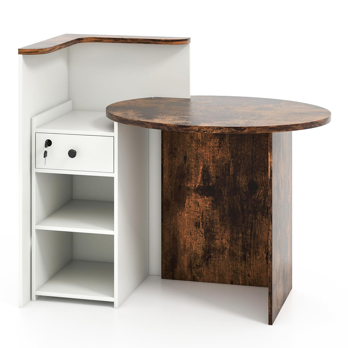 SILKYDRY Reception Desk, Small Retail Checkout Counter with Lockable Drawer and Open Shelves, Wooden Computer Workstation for Home Office Lobby, White Oval Desktop & Brown Counter SILKYDRY