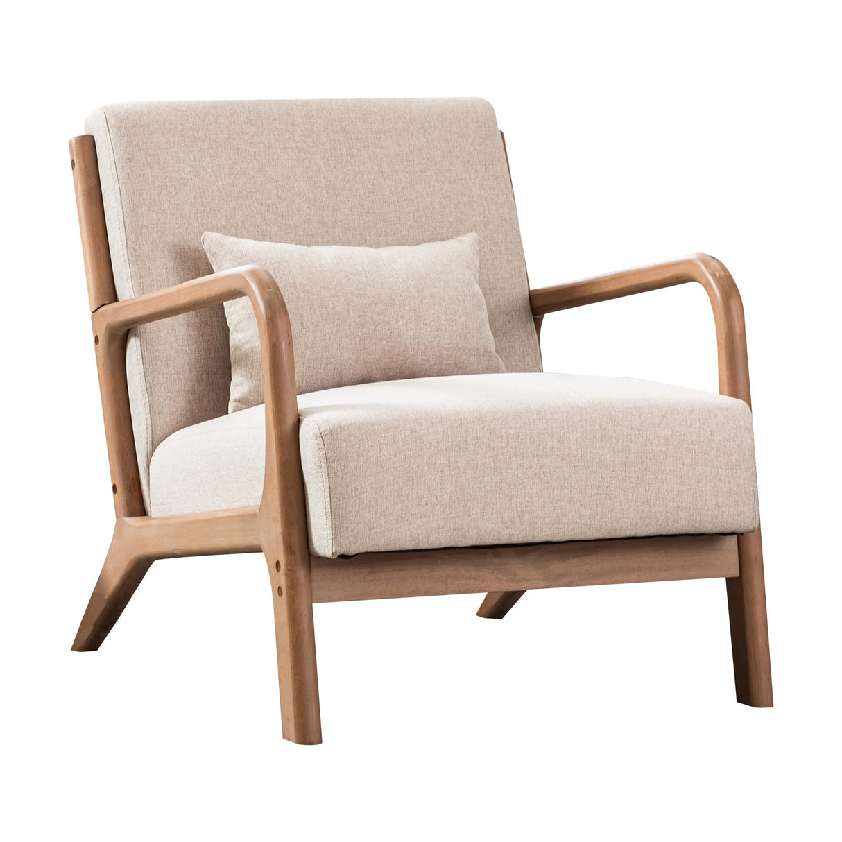 ANJHOME Mid Century Modern Accent Chair, Comfy Fabric Living Room Chairs with Solid Wood Frame, Lounge Reading Armchair, Easy Assembly, Beige ANJ