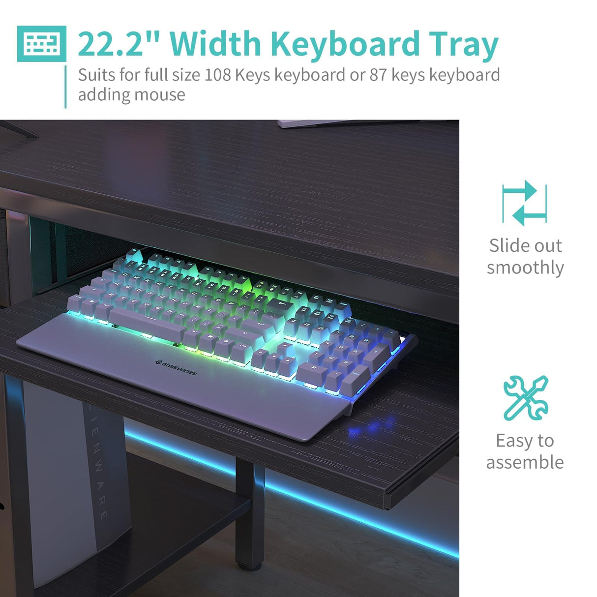 Lufeiya Desk with Keyboard Tray Slide Out, 47 Inch Home Office Computer Desks with Fabric Drawers & Storage Shelves, Modern Simple Study Writing Gaming Table for Bedroom, Black Lufeiya