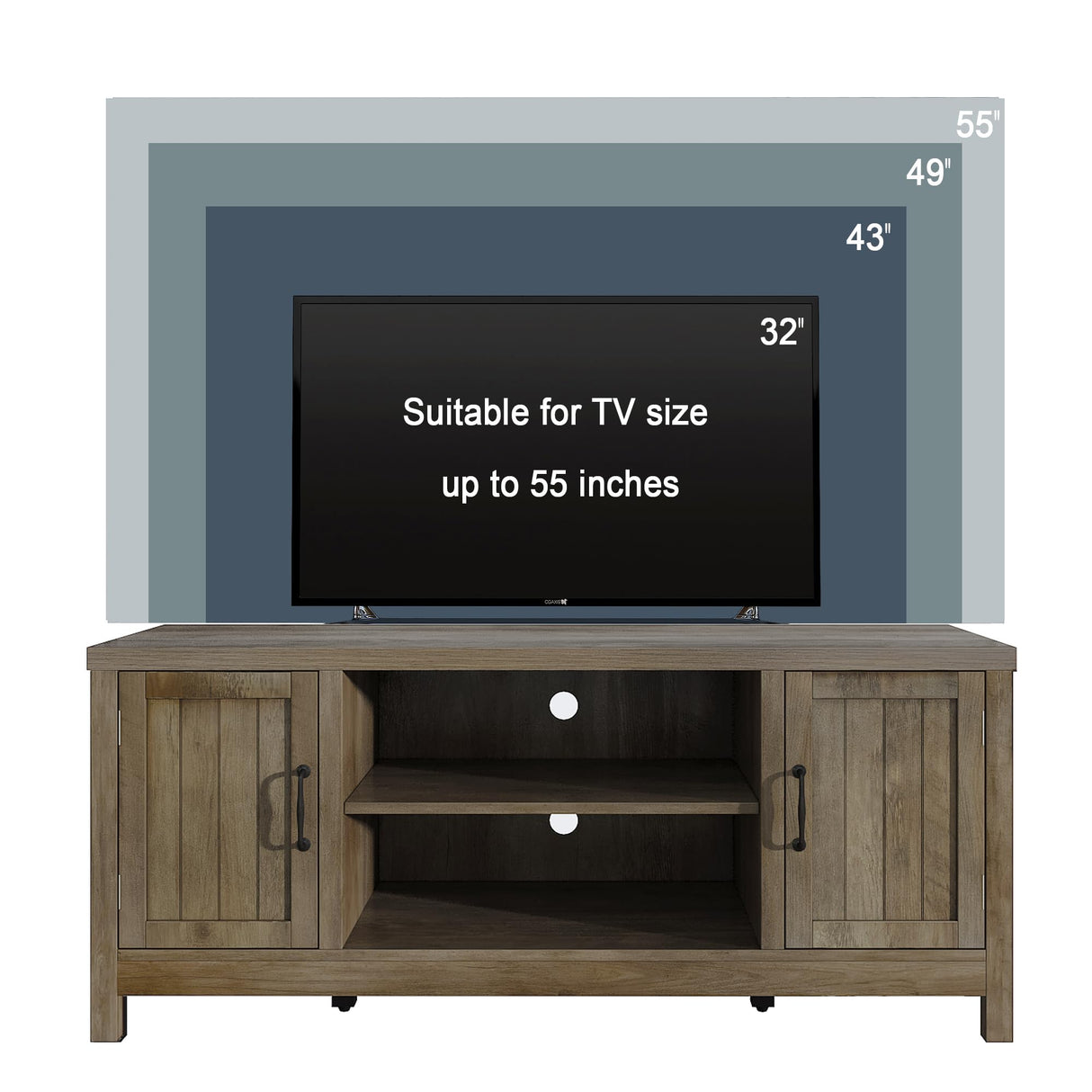 ChooChoo Farmhouse TV Stand, Wood Grooved Door Entertainment Center with Storage Cabinets and Open Shelves, Rustic Media Console up to 55 inches for Living Room, Bedroom, Grey Wash ChooChoo