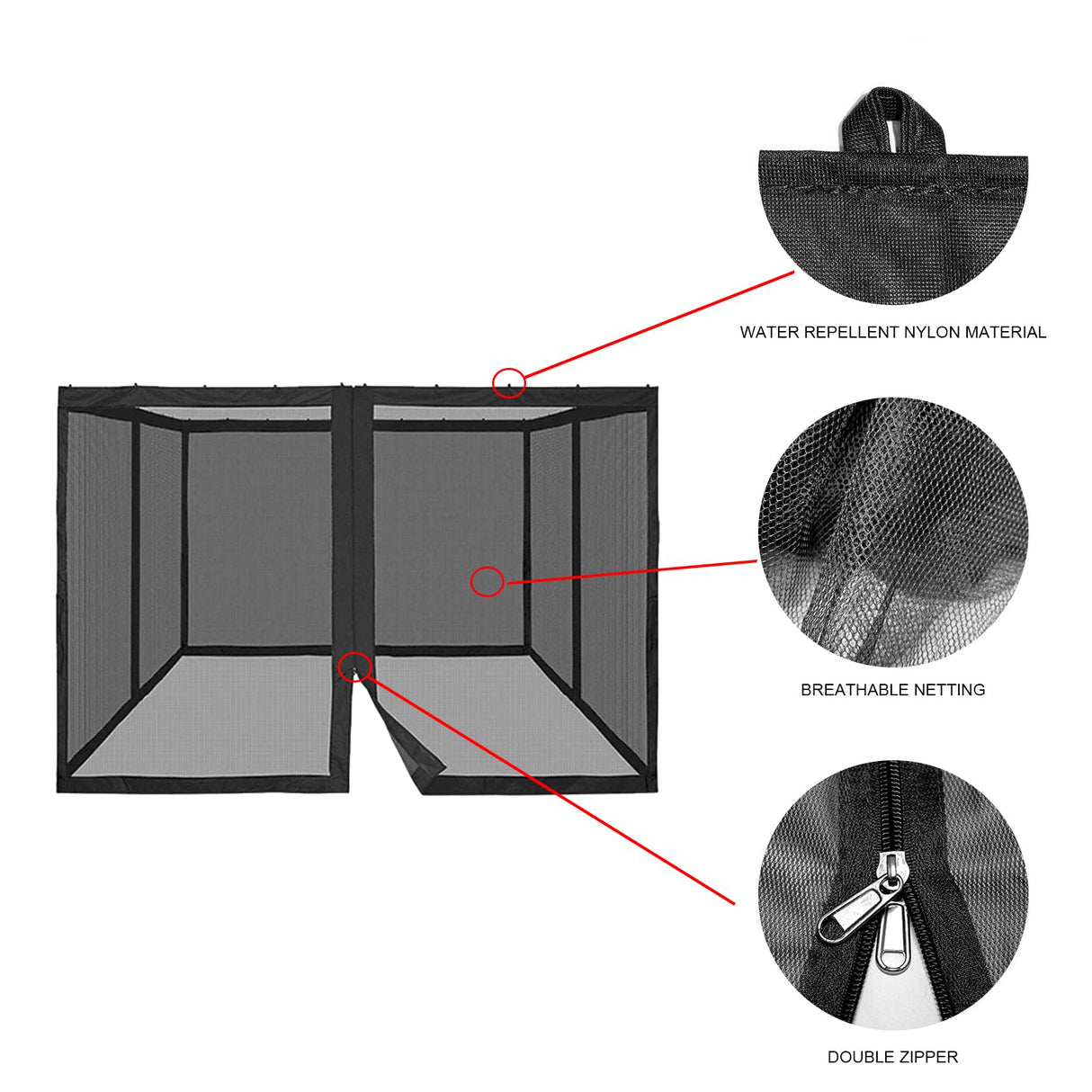 Hisecome 10' x 12' Gazebo Universal Replacement Mosquito Netting,Black Outdoor Canopy Net Screen 4-Panel Sidewall Curtain, with Zippers,Mosquito Netting(Only) Hisecome