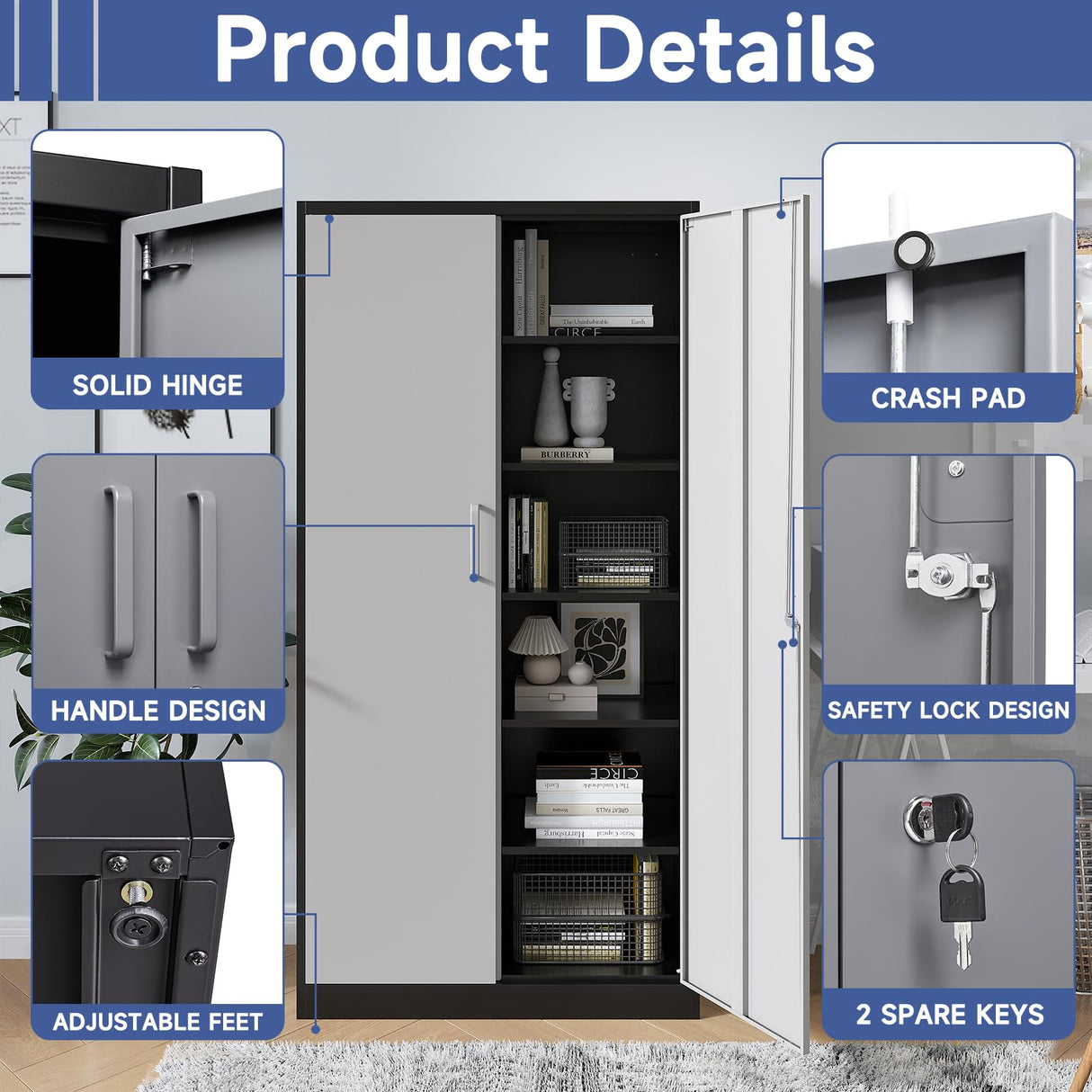 Anxxsu Metal Garage Storage Cabinet, 71" Locking Storage Cabinet with 2 Doors and 4 Adjustable Shelves, Lockable Metal Cabinet for Office,Home,Garage,Gym,School(Gray Black) Anxxsu