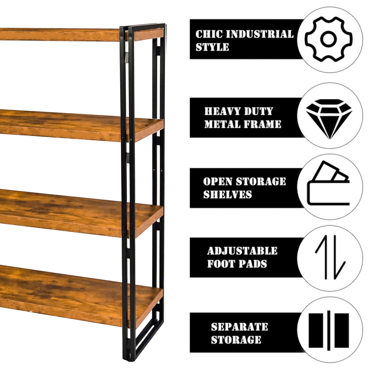 HIBOAT 47" 4-Tier Bookshelf Rustic Wood and Metal Industrial Bookshelf for Home Office, Bedroom, Kitchen, Bathroom (Rustic Brown, 4-Tier) HIBOAT