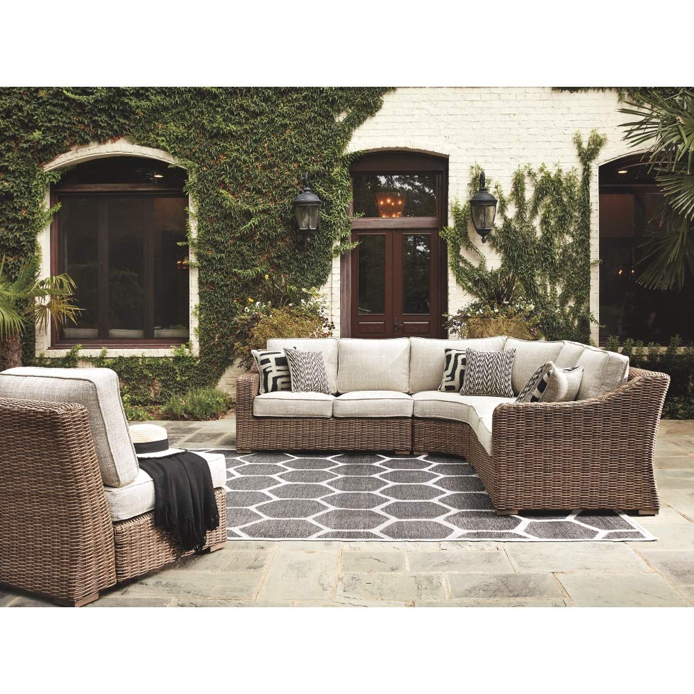 Signature Design by Ashley Beachcroft Farmhouse Outdoor Patio Wicker Curved Corner Chair, Beige Signature Design by Ashley
