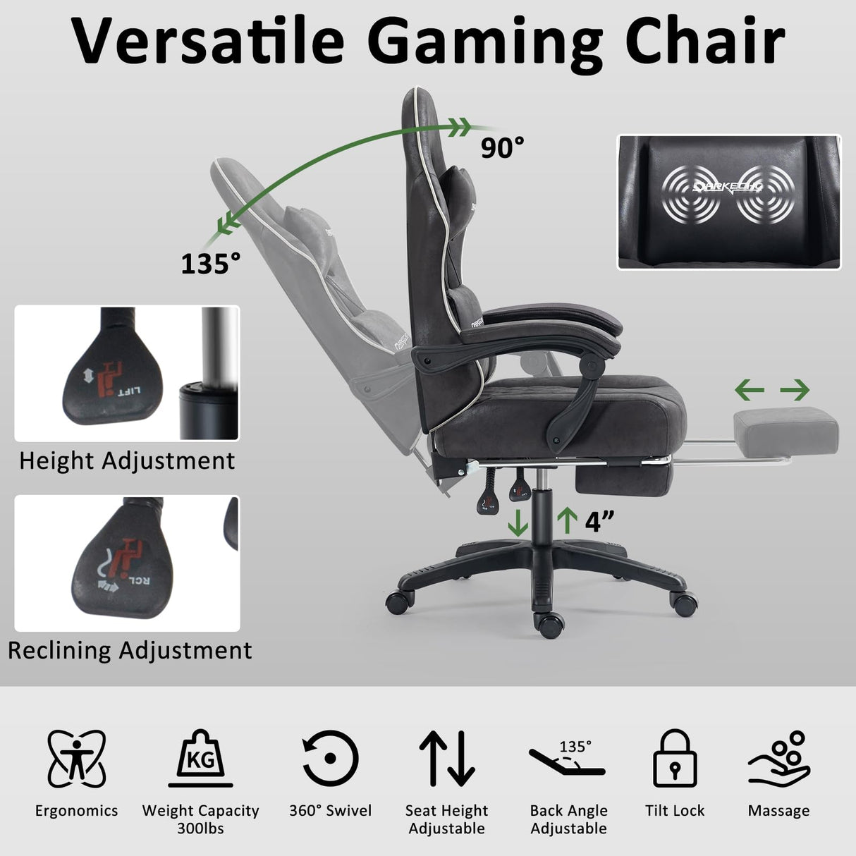 Darkecho Gaming Chair Fabric with Pocket Spring Cushion,Massage Office Chair with Footrest and Linkage Armrests,Ergonomic Adjustable Desk Computer Chair with Headrest and Lumbar Support Black Darkecho