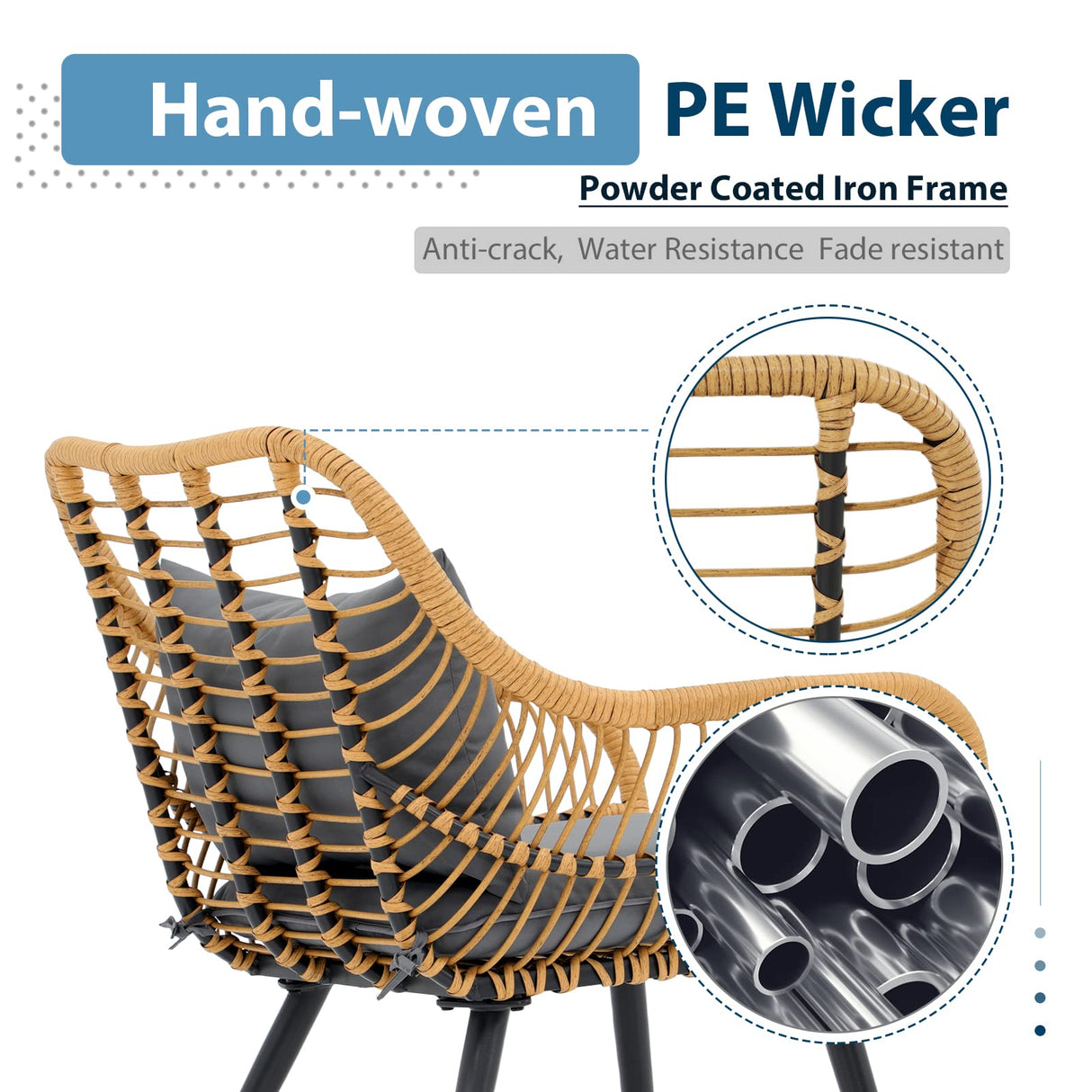 JOIVI 5 Piece Patio Bistro Set, Wicker Outdoor Patio Set with Upgraded Chairs and Ottomans, Round Glass Top Coffee Side Table, Patio Rattan Conversation Set for Balcony, Lawn, Garden, Backyard, Gray JOIVI
