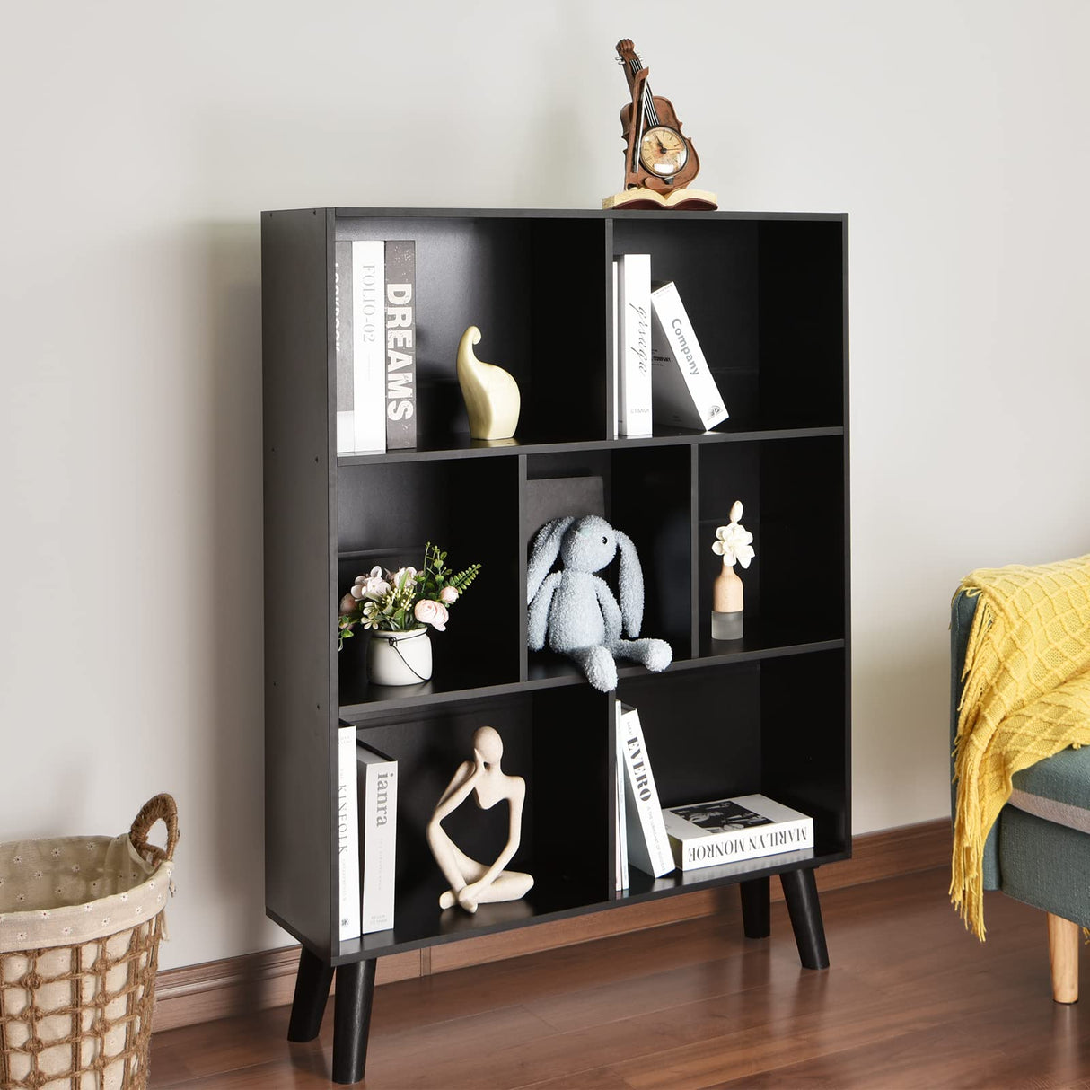 YAHARBO Elegant Black 3-Tier Modern Bookshelf with Legs – Stylish Wooden Cube Organizer YAHARBO