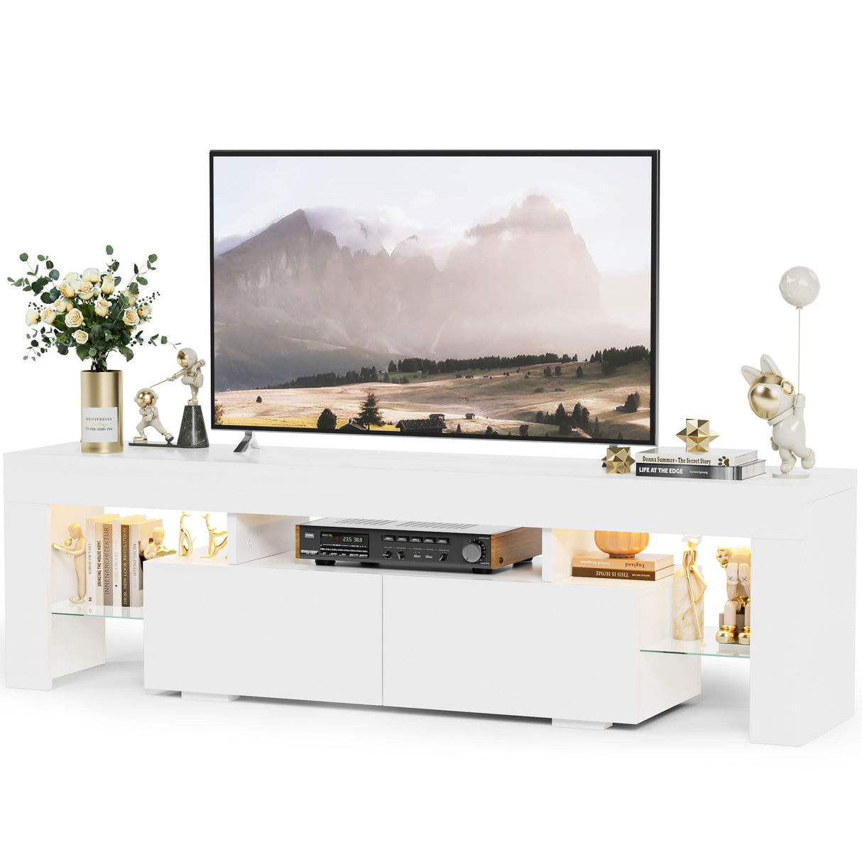 YESHOMY Modern LED TV Stand for Televisions up to 70 Inch with Glass Shelves and Drawer, Gaming Entertainment Center with Multiple Dynamic RGB Modes, for Livingroom, Bedroom, 60 Inch, White YESHOMY