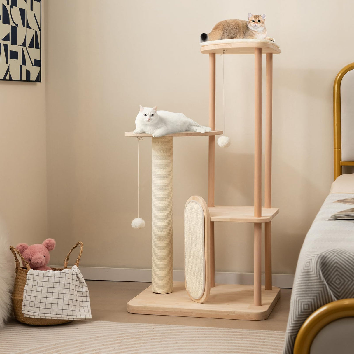Tangkula Wood Cat Tree for Indoor Cats, Multi-Level Modern Cat Tower with Sisal Scratching Board & Post, Padded Perch, Platform, Hanging Toy, Minimalist Kitten Activity Center for Small & Medium Cats Tangkula