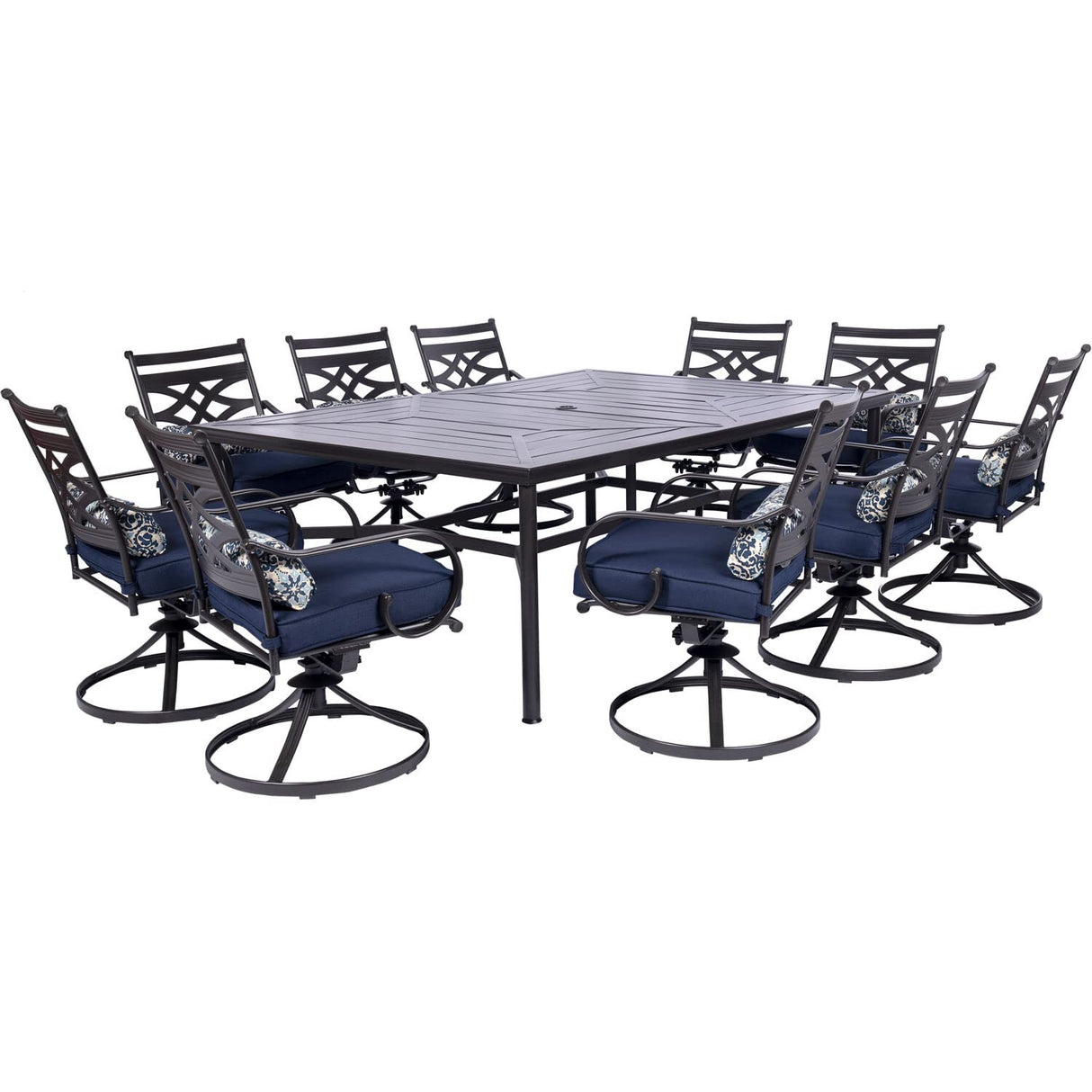 Hanover Montclair 11-Piece Patio Dining Set with 10 Swivel Rocker Chairs, Accent Lumbar Pillows and 84"x60" Steel Stamped Rectangular Table, Large Outdoor Patio Dining Set for 10, Navy Blue Hanover