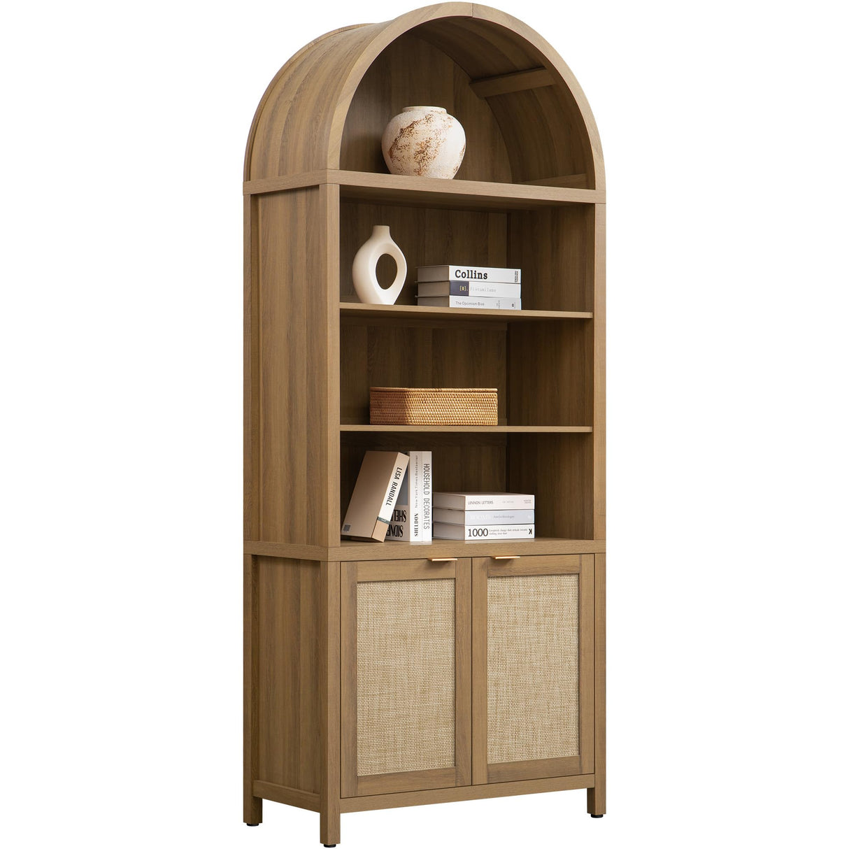 SICOTAS Book Shelf Arched Cabinet Bookshelf Arch 84.2" Tall Bookcase 5 Tier Large Bookshelves with Doors Storage Rattan Boho Wide Book Shelves Case for Living Room Kitchen Office Bedroom Library SICOTAS