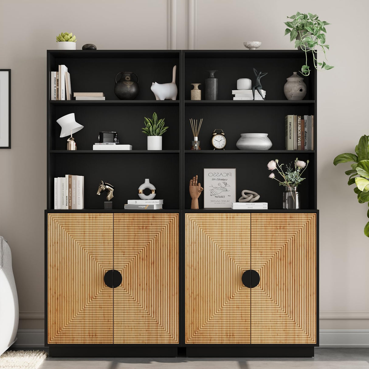 TUSY 4-Piece Large TV Stand with Bookshelves for TVs up to 75”, Wall Unit Entertainment Center with Doors, TV Cabinet for Living Room, Bedroom & Home Theater, Black TUSY