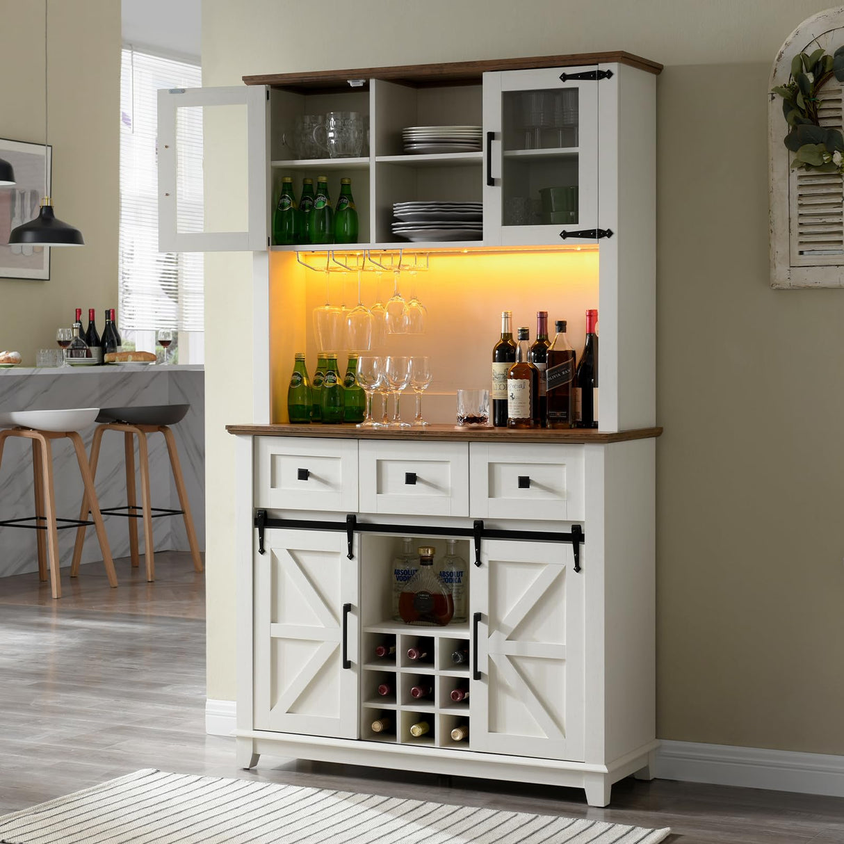 AMERLIFE Coffee Bar Cabinet with Sliding Barn Door, 72" Farmhouse Kitchen Sideboard, Buffet Storage Table, 3 Drawers, LED Lights, Tall Hutch Home Bar for Dining Room, White AMERLIFE