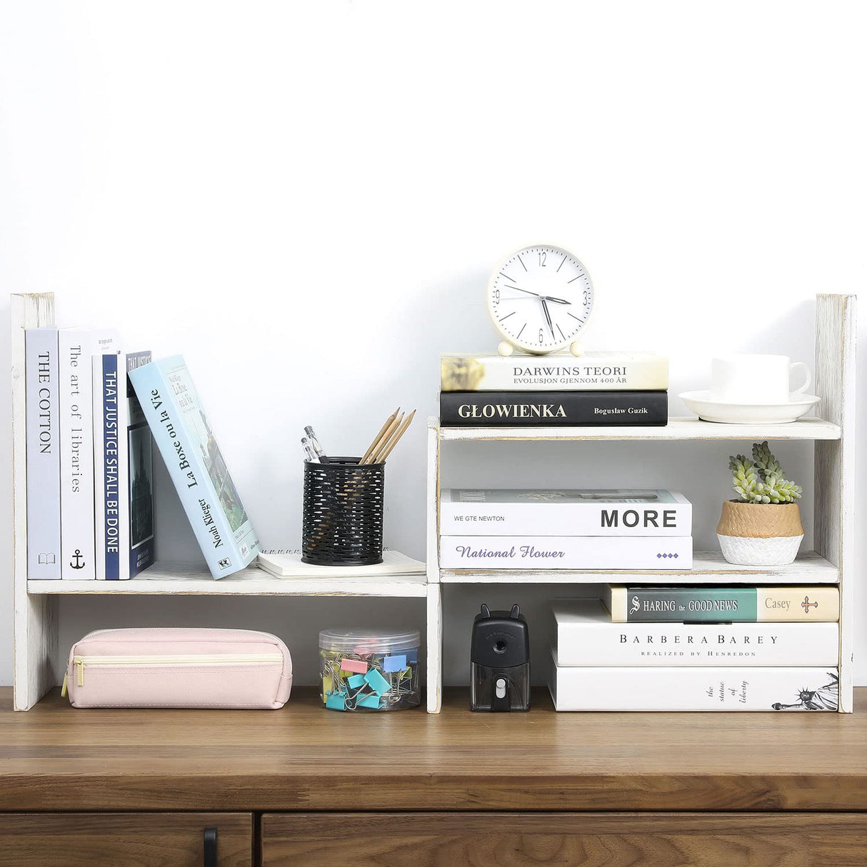 MyGift Adjustable Whitewashed Solid Wood Desktop Storage Organizer Display Shelf Book Rack, Office Desk Bookshelf MyGift