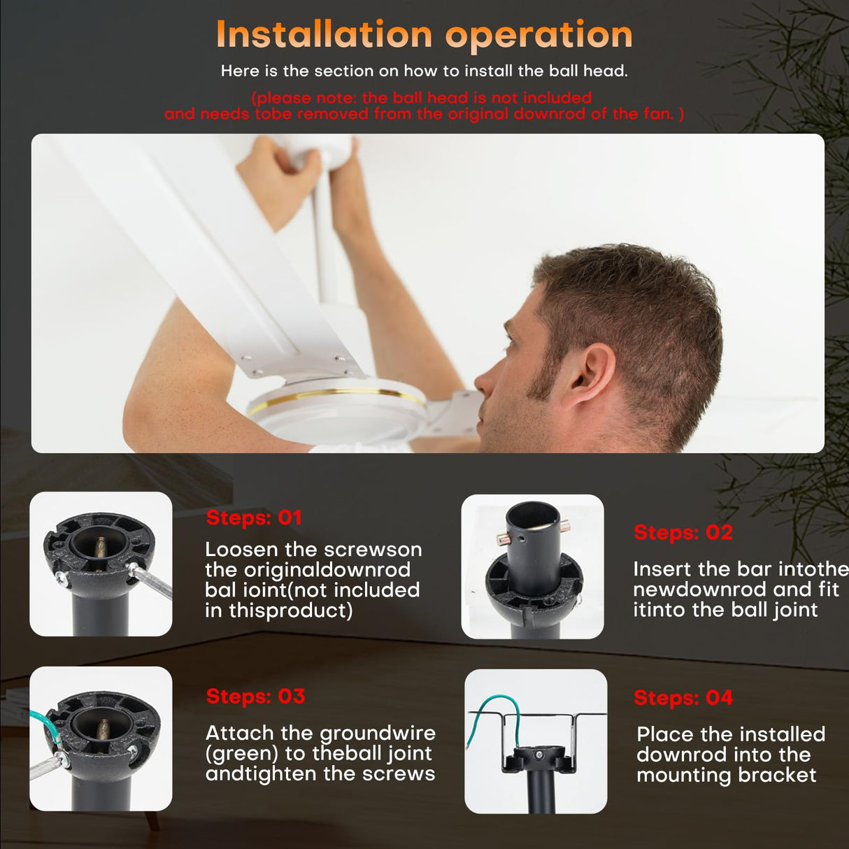 36 inch Ceiling Fan Downrod with Extension Cord,3 FT Downrod for Ceiling Fan,1 inch Outside Diameter,Ceiling Boom Suitable for a Wide Range of Fans (Gold,Not Threaded) Ruiyang