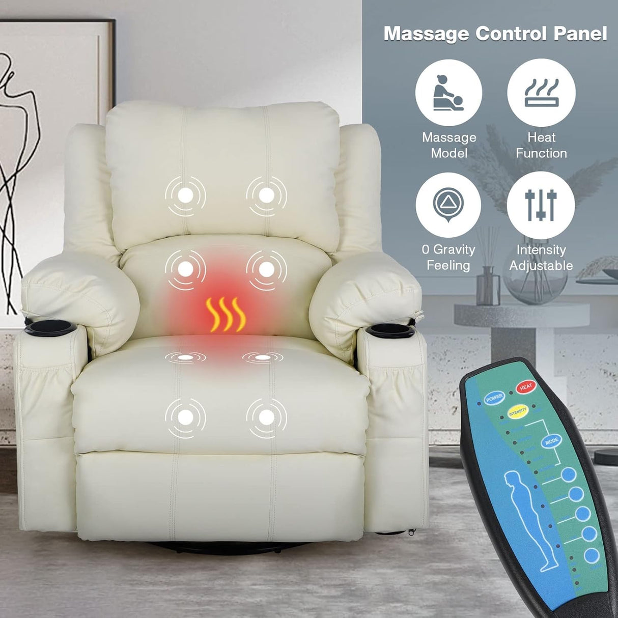 White Recliner Rocker Chairs with Heat,Massage Chair Recliner Leather Swivel Recliners for Living Room, Manual Reclining Lounge Chairs Overstuffed Single Sofa Chair for Adults KCREAM