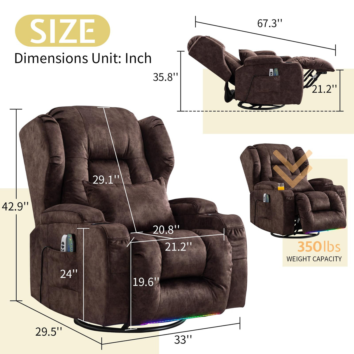 BINGTOO Power Swivel Rocker Recliner Chair with Massage & Heat, Electric Wall Hugger Reclining Sofa for Adults with LED Light/Cup Holders/USB Ports, Velvet Brown BINGTOO