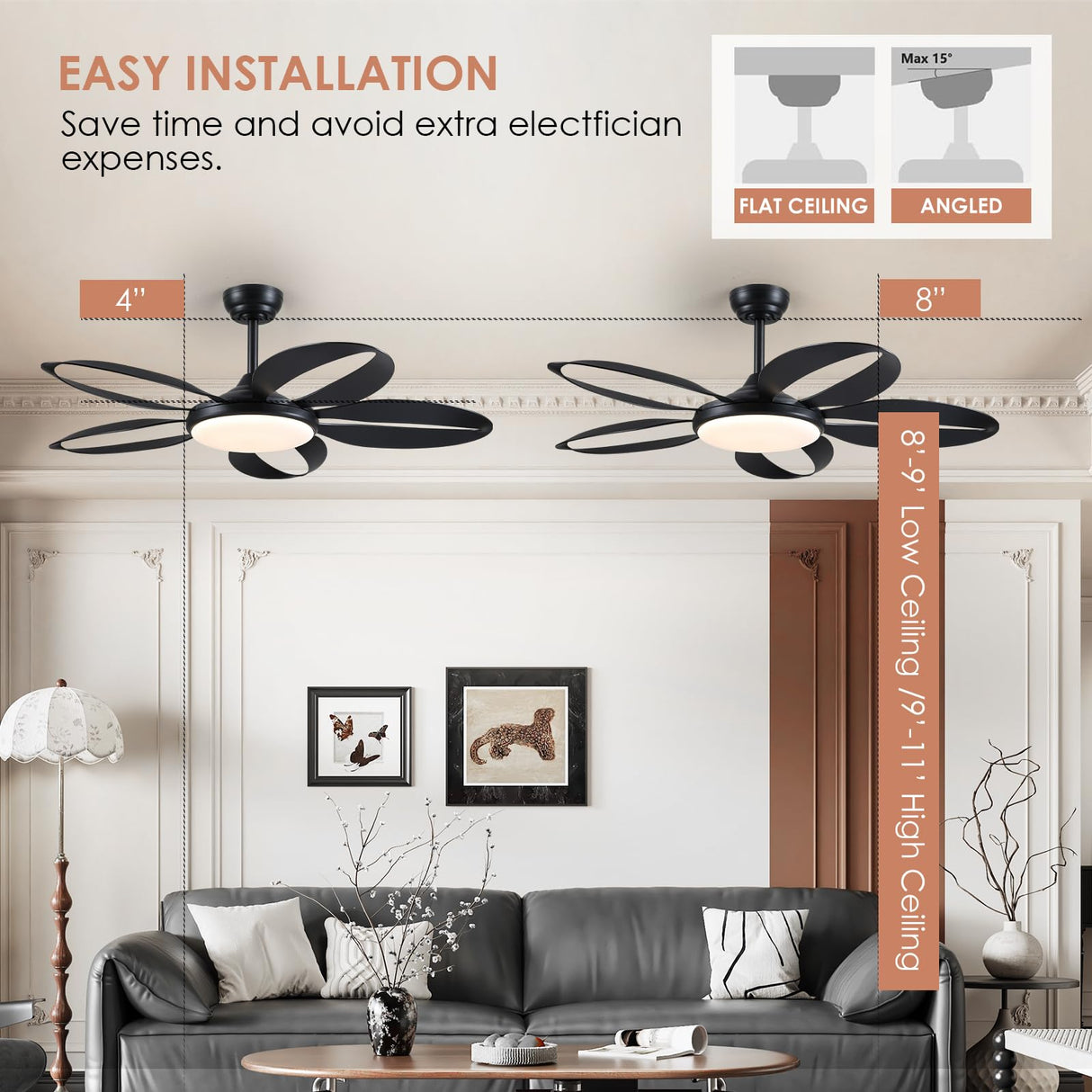 Ceiling Fans with Lights, 48 inch Black Ceiling Fan with Remote APP, Unique Fan Blades, Reversible, 3CCT Led, Sloped Flush Mount Low Profile Ceiling Fan with Lights Bedroom Living Room Indoor BayDay