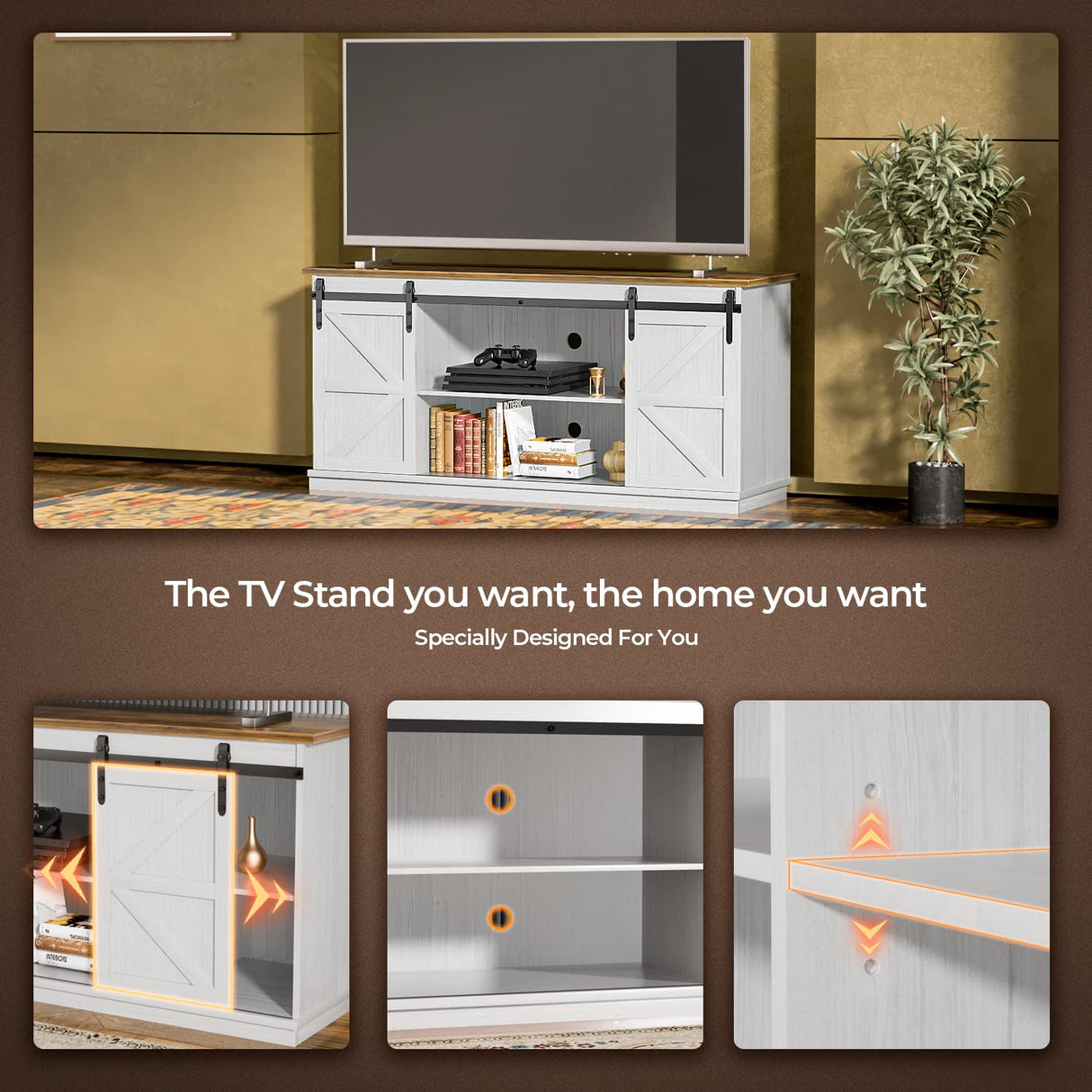 ZPK Farmhouse TV Stand for 65 Inch TV, Modern Television Stands Mid Century Media Entertainment Center with Sliding Barn Doors and Storage Cabinets, Console Table for Living Room, Bedroom (White) ZPK