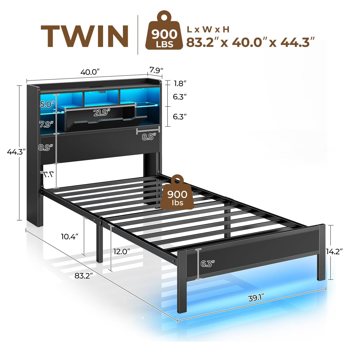 Rolanstar Twin Bed Frame with Headboard, LED Bed with Bookcase Storage and Charging Station, Metal Platform Bed with Glass Shelves, No Box Spring Needed, Noise-Free, Black Rolanstar