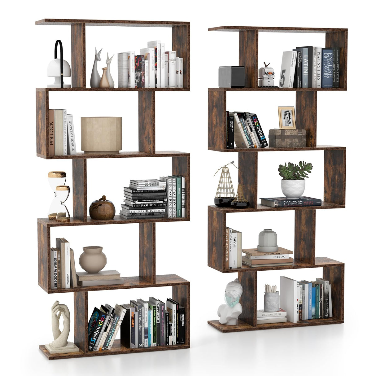 Tangkula 5-Tier S-Shaped Bookshelf - Rustic Brown Geometric Display & Room Divider Tangkula