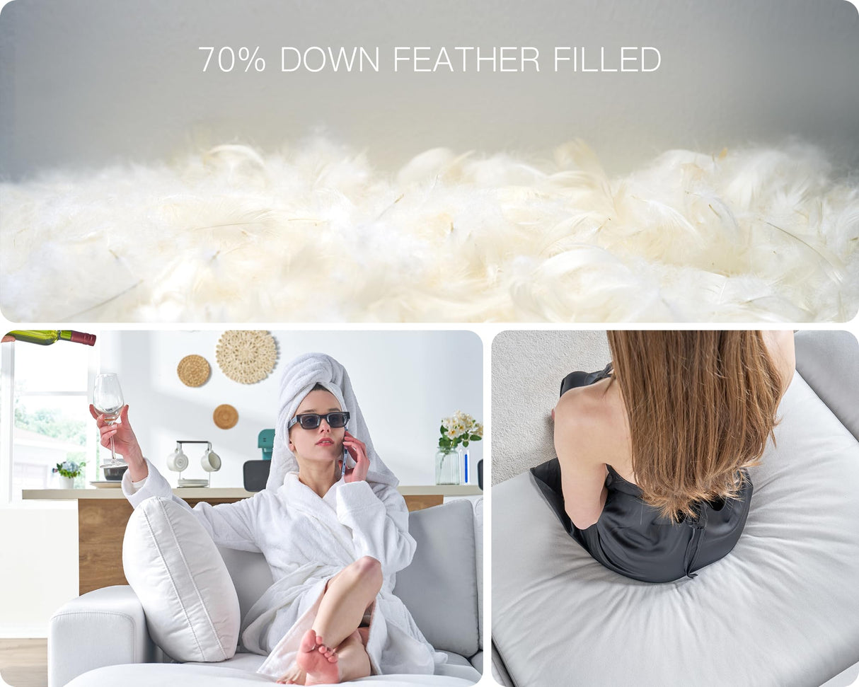 AMERLIFE 114 Inches Modular Sectional Couch, Feather Down Filled Sectional Couch, 4 Seats L Shaped Sofa with Chaise, Ottoman, Cloud Sofa for Living Room Apartment, White Linen AMERLIFE