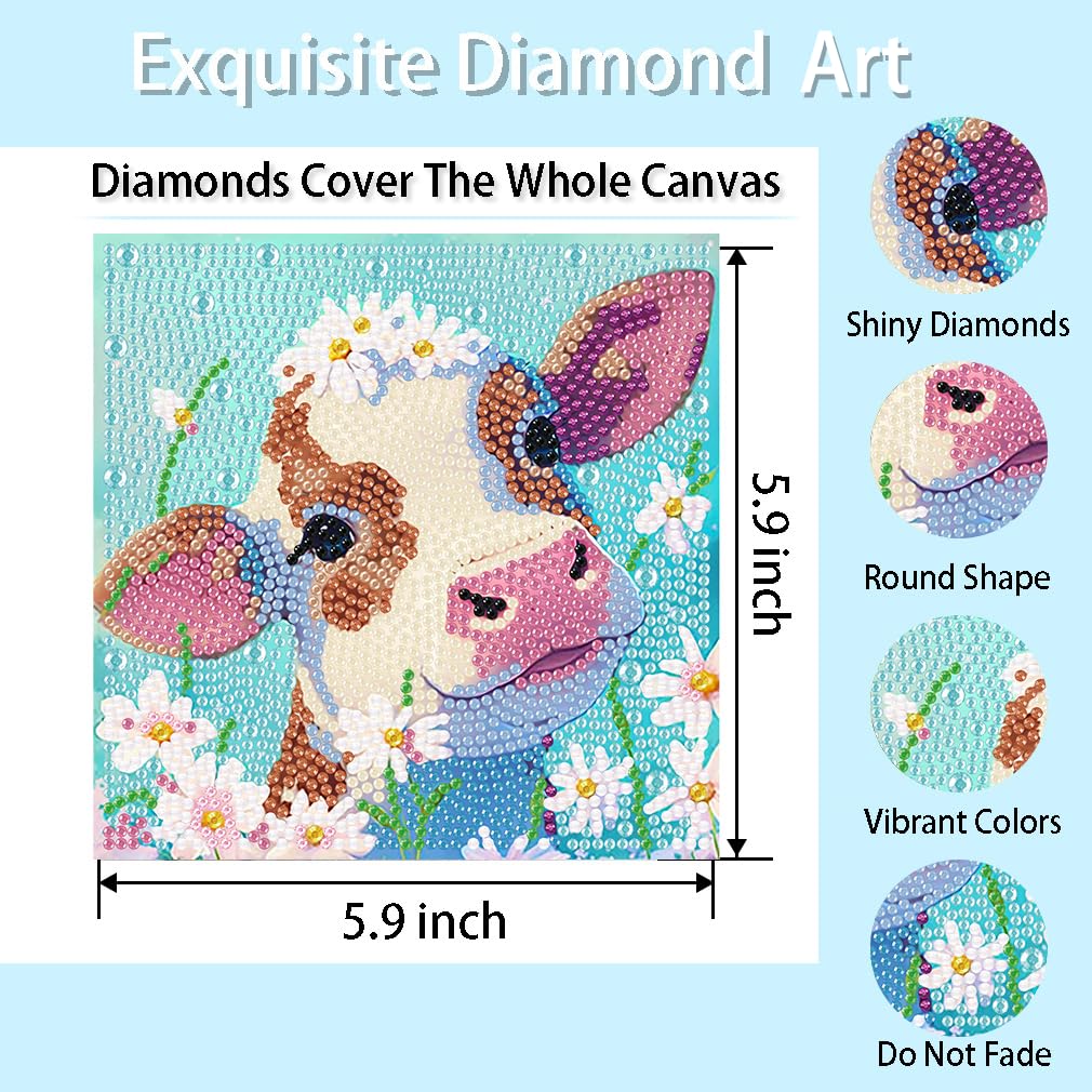 FQOVKYN 4 Packs 5D Cartoon Diamond Art Kits for Kids, Cute Animals DIY Diamond Arts Mosaic Kits for Adults Beginner, Full Round Drill Gem Art for Home Wall Decor Kids Present 6X6 inch FQOVKYN