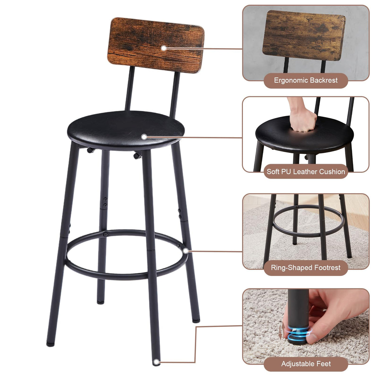 VEPXXP Industrial Bar Table and Chairs Set for 2, 3-Piece Rectangular Pub Table with 2 Stools & Backrest, Counter Height Small Kitchen Table with Bar Chairs for Dining Room Small Space, Rustic Brown VEPXXP