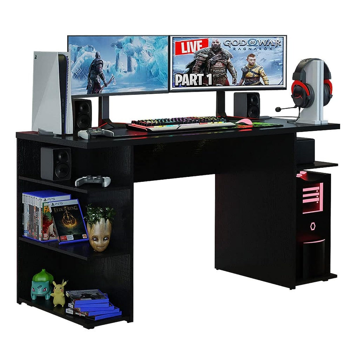 Madesa Gaming Computer Desk with 5 Shelves, Cable Management and Large Monitor Stand, Wood, 24" D x 53" W x 29" H - Black Madesa
