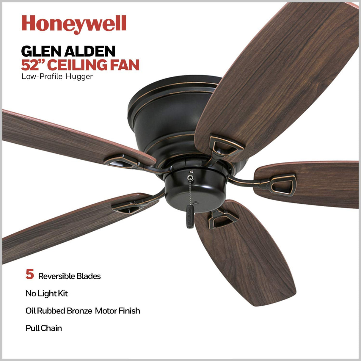 Honeywell Ceiling Fans Glen Alden, 52 inch Classic Flush Mount Indoor Ceiling Fan with No Light, Pull Chain, Quick-2-Hang Dual Finish Blades, Reversible Motor - 50516-01 (Oil Rubbed Bronze) Honeywell Ceiling Fans