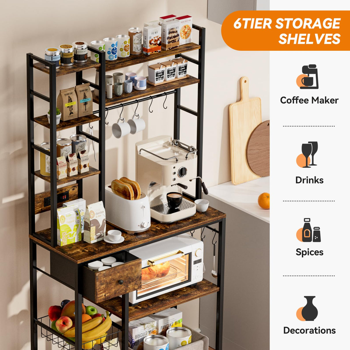 Artswish 72" Bakers Rack with Power Outlet, 8-Tier Freestanding Baker Racks Microwave Stand with Drawer, Coffee Bar Station with Basket and 10 S Hooks, Kitchen Appliance Shelves Rack, Rustic Brown Artswish