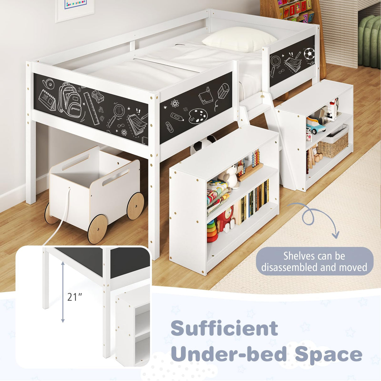 Giantex Low Loft Bed Twin Size, Wooden Loft Bed with Ladder & Blackboard, Twin Bed Frames for Kids with Storage 2 Bookcases and Under-Bed Play Space, Kids Twin Bed (White) Giantex