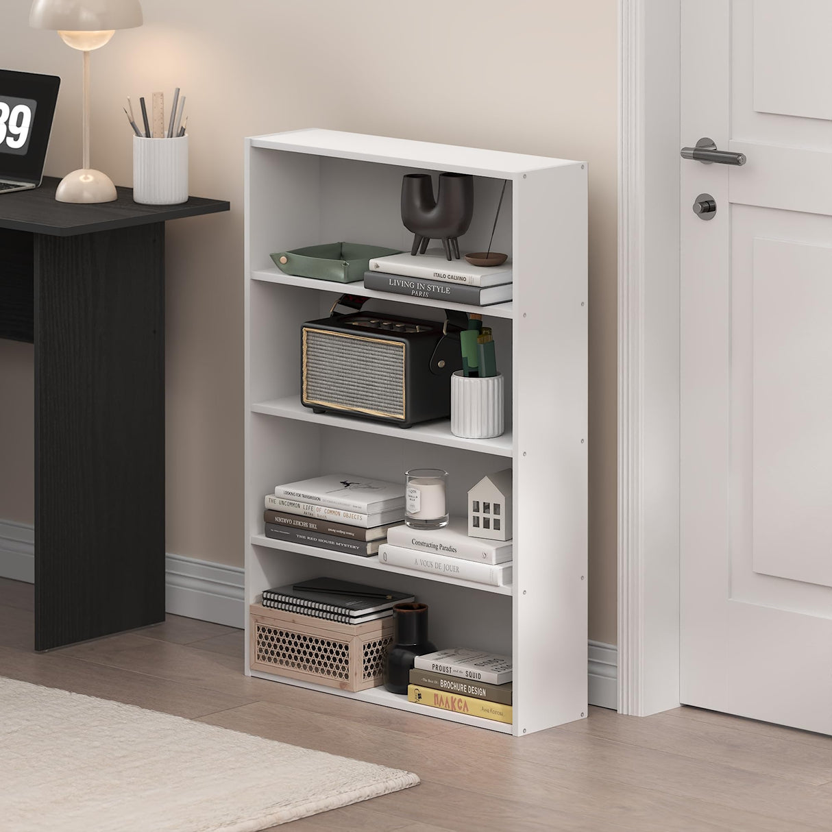 Furinno Basic Book Shelf, 4-Tier Bookcase with Open Shelf, Bookshelf, Cube Storage Organizer, 6 x 24 x 35, for Living Room, Bedroom, Home Office, White