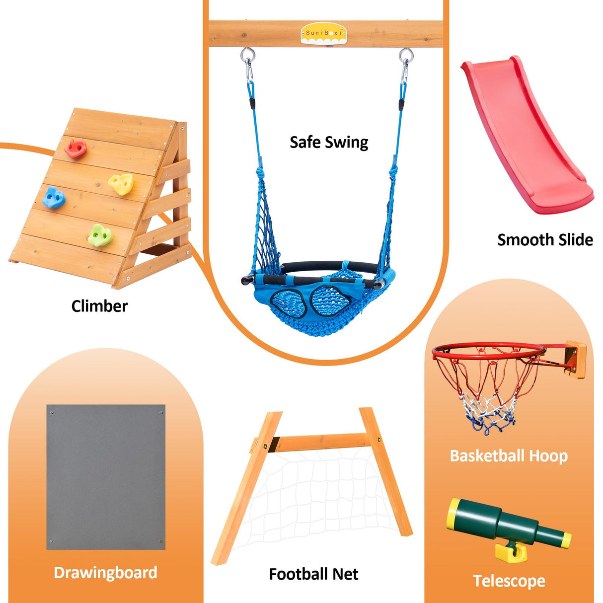 Toddler Swing and Slide Set for Backyard,Wooden 6 in 1 Playground Sets with Baby Swing, Toddler Slide, Rock Climber, Basketball Hoop, Football Net, Telescope,Outdoor Playset for Ages 18 Mon to 3 yrs SuniBoxi