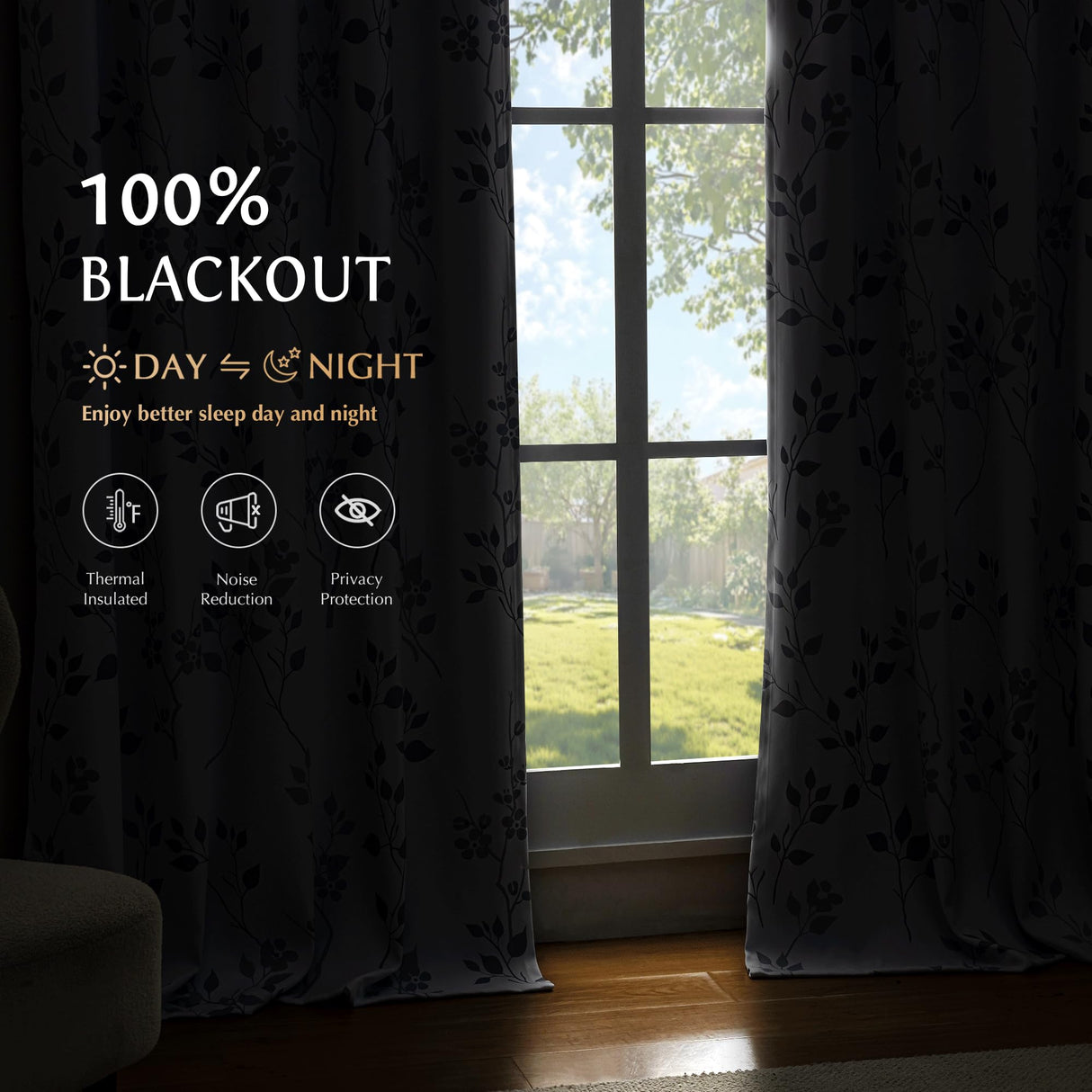 Beauoop Floral 100% Blackout Curtains 84 Inches Long 2 Panels for Bedroom Living Room Grey White Flower Patterned Room Darkening Thermal Insulated Soundproof Grommet Window Treatments Drapes, 52X84 Beauoop