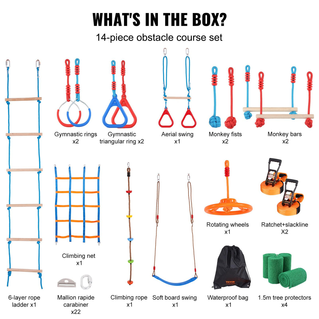 VEVOR Ninja Warrior Obstacle Course for Kids, 2 x 60 ft Weatherproof Slacklines, 500lbs Weight Capacity Monkey Line, Outdoor Playset Equipment, Backyard Toys Training Equipment Set with 14 Obstacles VEVOR