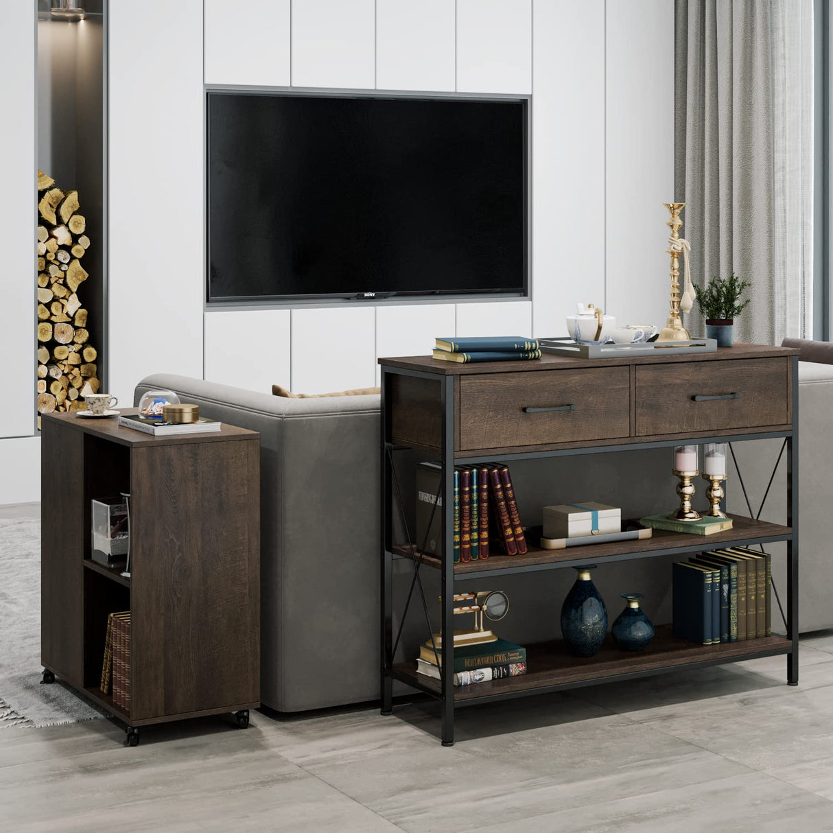 HITHOS Industrial Console Table with Drawers, Vintage Hallway Foyer Table with Storage Shelves, Narrow Long Sofa Entryway Table for Living Room, Dark Brown HITHOS