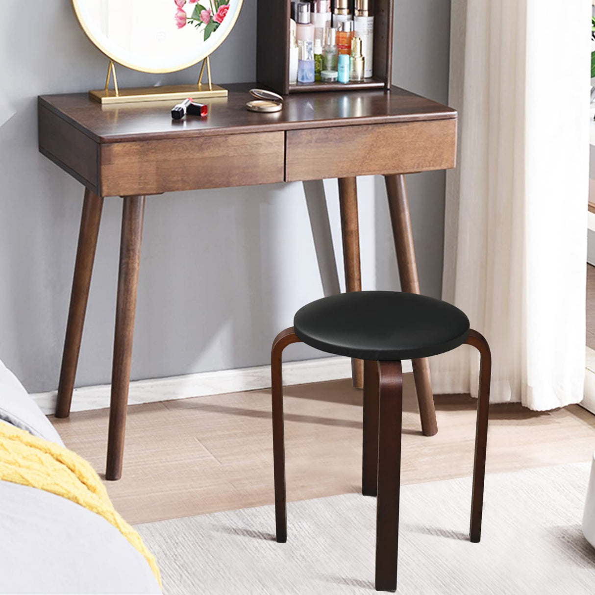 LDAILY Round Wooden Stools, 4 Sets Stackable Wood Bar stools w/Cushioned Seat, Non-Slip Foot Pads, Backless Bentwood Stools for Dinning, Living Room, LDAILY