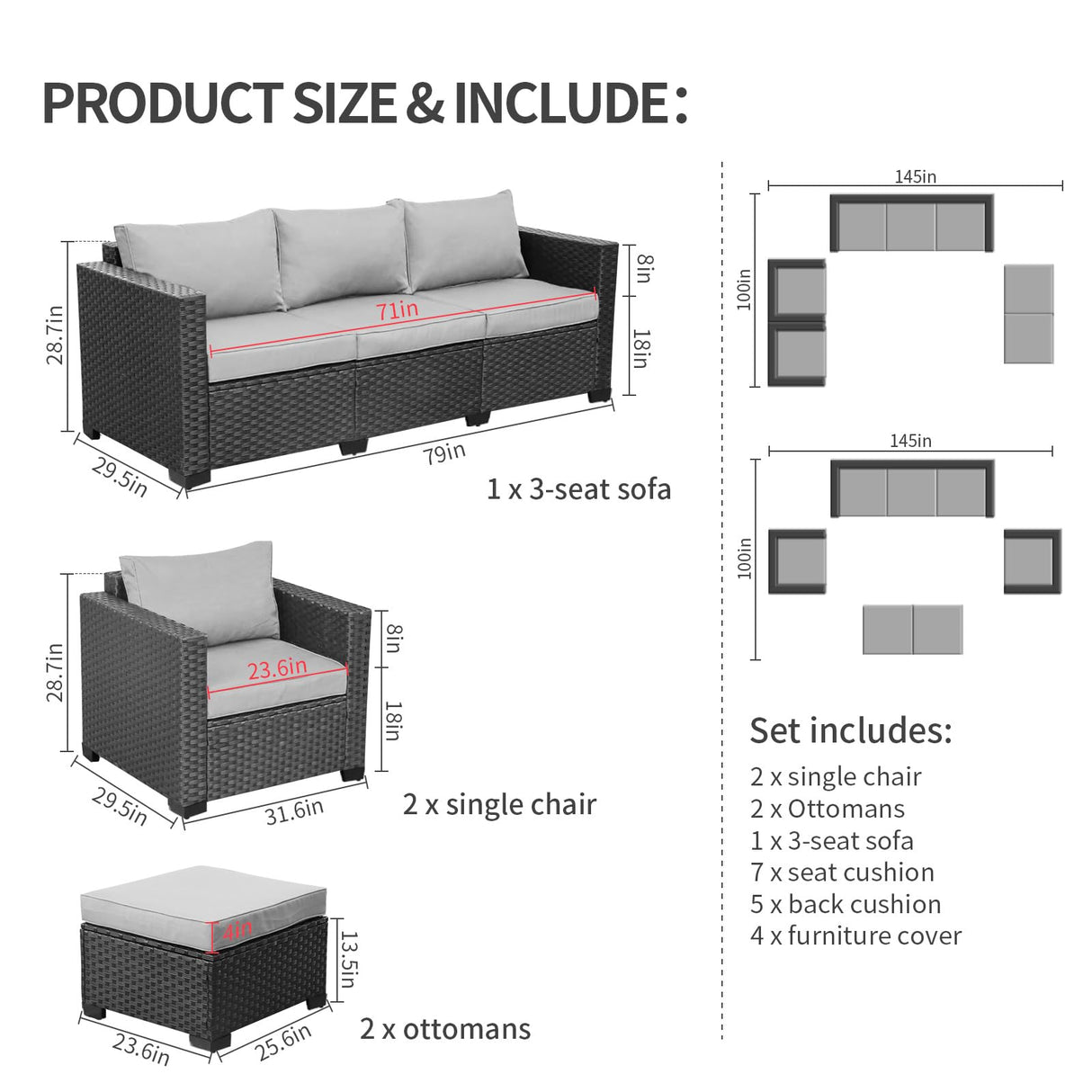 Rattaner Outdoor Wicker Furniture Couch Set 5 Pieces Patio Furniture Sectional Sofa with Grey No-Slip Cushions and Waterproof Covers Rattaner