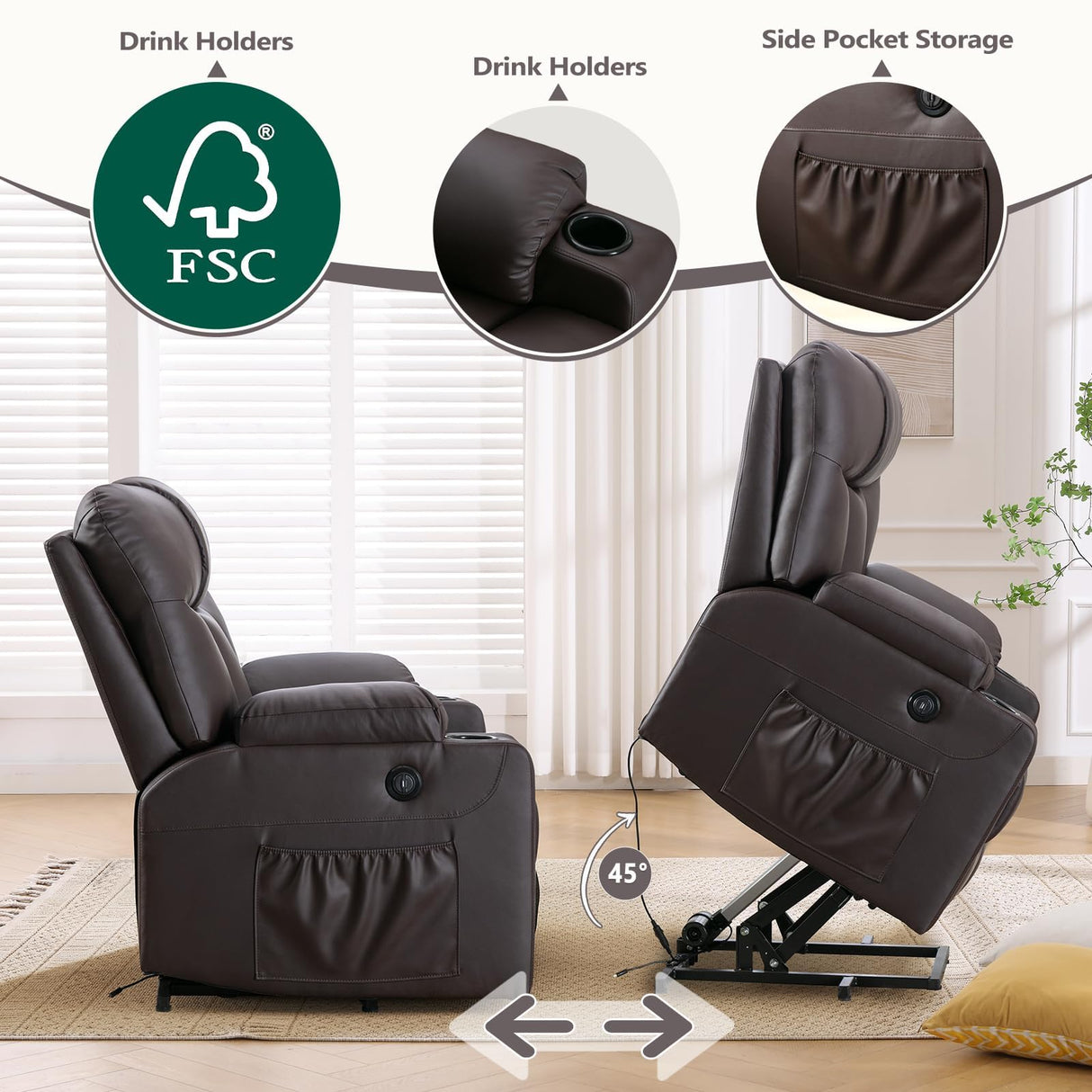 ANJ Brown Power Lift Recliner Chair for Elderly with Heat & Massage, Faux Leather Electric Recliner Sofa with Cup Holders, USB Port & Side Pockets, Heavy Duty Reclining Chair for Seniors ANJ