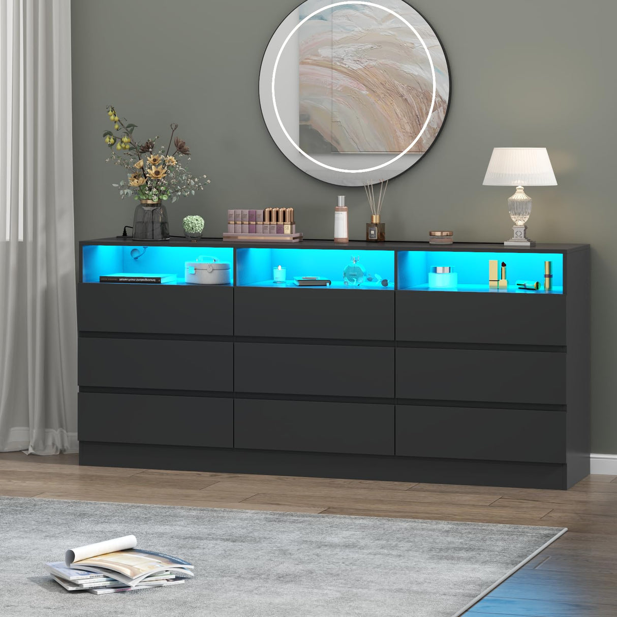 Gyfimoie 9 Drawer Double Dresser with Power Outlet, Accent Chests of Drawers with LED Light, Modern White Storage Dresser with Charging Station (Mirror Not Included) (9 Drawers-Black) Gyfimoie