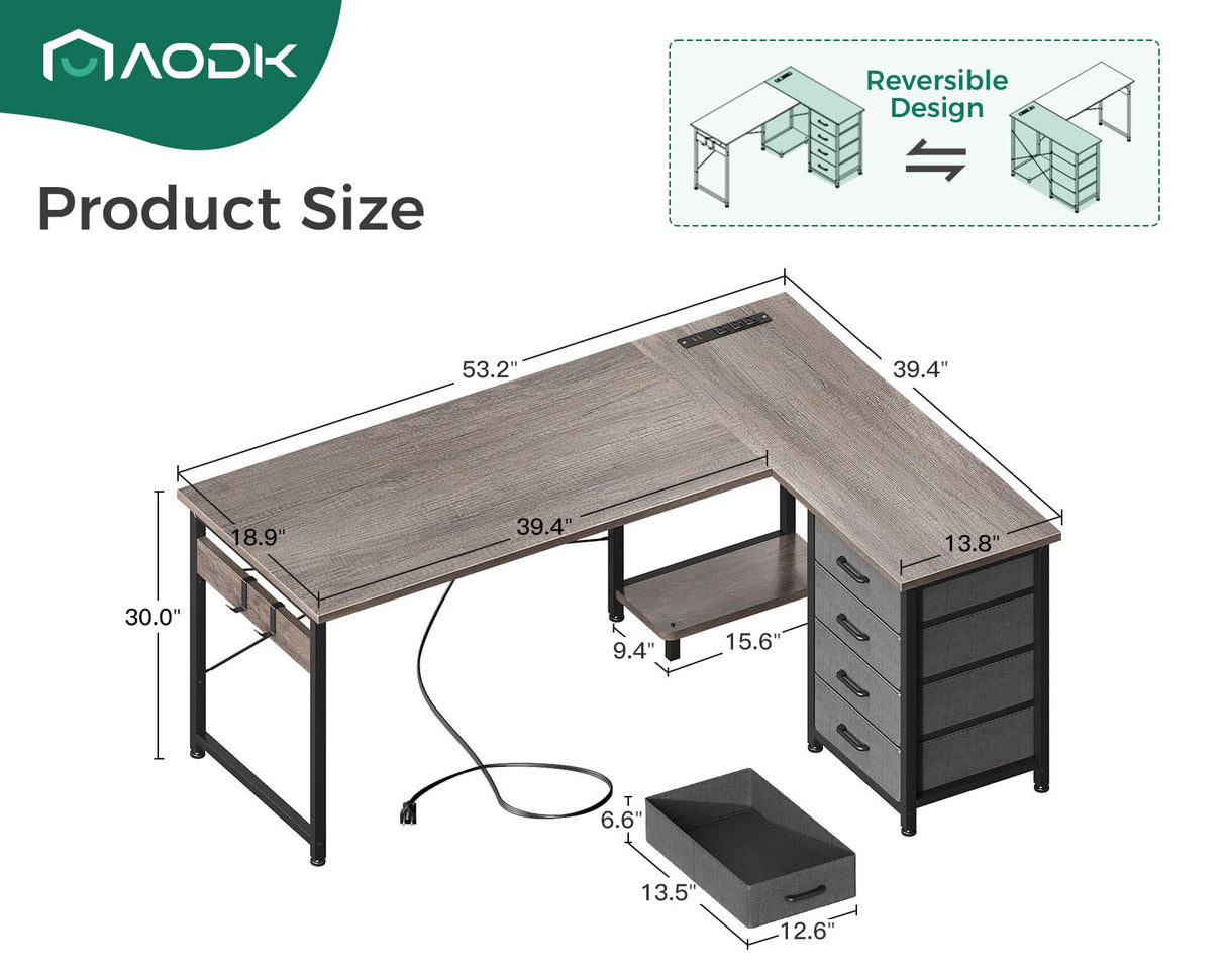 AODK L Shaped Desk with 4 Tier Drawers, 53" Reversible Gaming Desk with Power Outlets, L Shaped Computer Desk with USB Charging Port and Host Stand, Home Office Corner Desk, Easy to Assemble, Grey Oak AODK