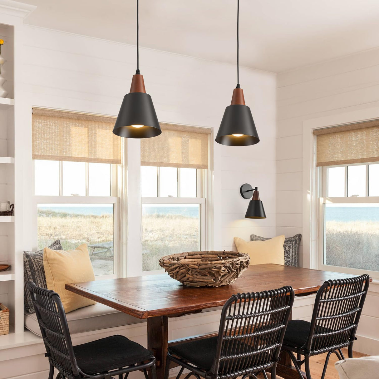 IHENGYANLT 2 Pack Pendant Lights, Black Pendant Lights Kitchen Island,Wood Dome Minimalist Industrial Ceiling Hanging Lights for Kitchen Island, Barn, Dining Room, Living Roo m, Bedroom IHENGYANLT