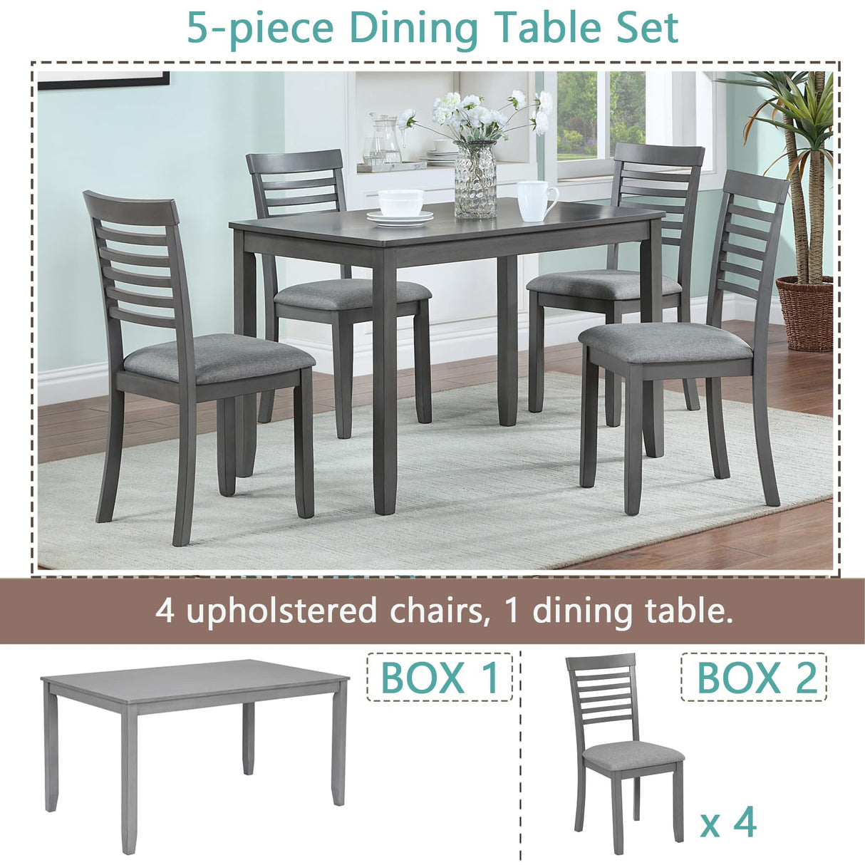 LKTART 5 Piece Dining Table set,Wooden Rectangle Small Kitchen Dinner Table set for 4 with Upholstered Chairs, Breakfast Table set for 4 Person, Apartment,Space-Saving (Dark Grey 45.5"L 28.5"W 30"H) LKTART
