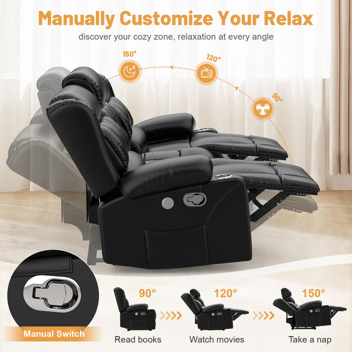 Dresegmt Loveseat Recliner Sofa, Flip Middle Backrest Design PU Leather 3 Seat Reclining Sofa with Storage Drawer, Manual Couch for Living Room/RV (Black, PU) Dresegmt