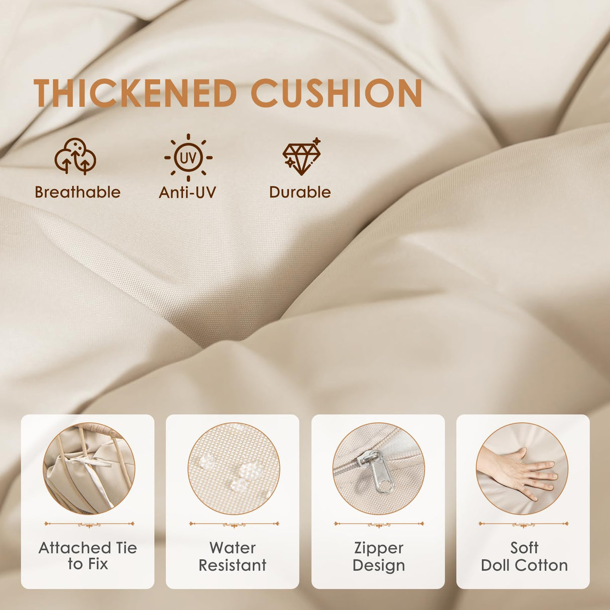 Nicesoul Outdoor Hanging Egg Chair Without Stand, Patio Wicker Swing Egg Basket Chairs with Padded Cushions, 350 Lbs Ceiling Tree Swinging Egg-Shaped Chair No Stand for Indoor Bedroom Porch, Brown NICESOUL