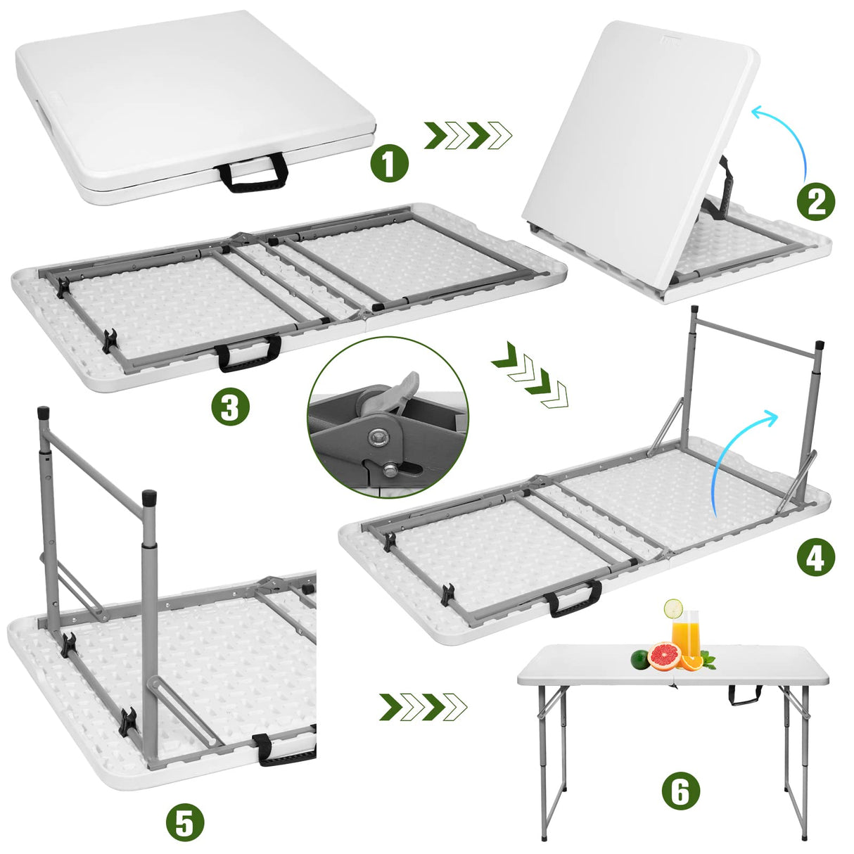 Byliable Folding Table 4 Foot Portable Heavy Duty Plastic Fold-in-Half Utility Table Small Indoor Outdoor Adjustable Height Folding Table with Carrying Handle, Camping and Party,White Byliable