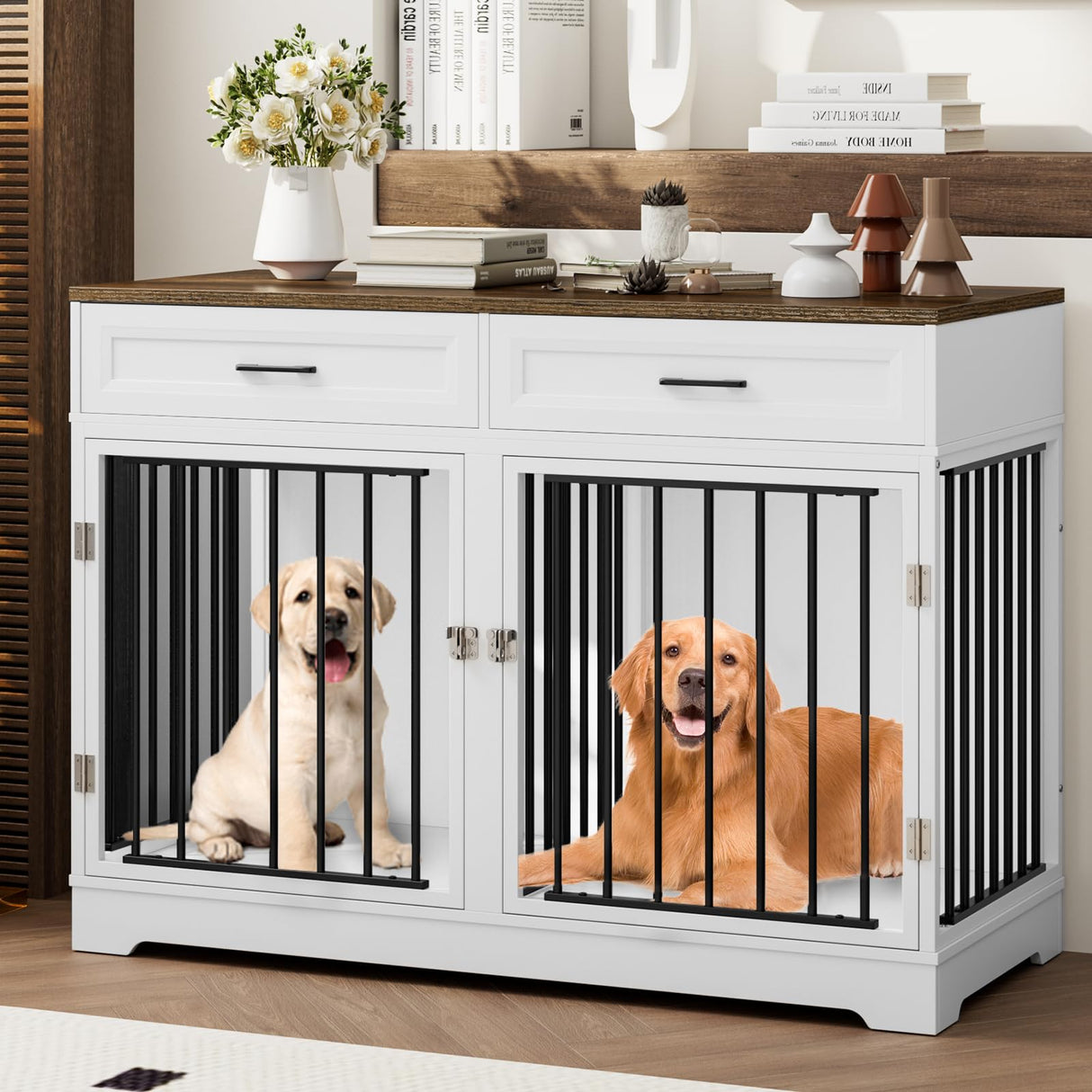 Dog Crate Furniture 47" Wooden Dog Kennels for Dogs Indoor with a Removable Divider for Large/Medium/Small Dogs, 2 Storage Drawers and Large Tabletop Dog Cages Double Doors Dog House, White TTVIEW